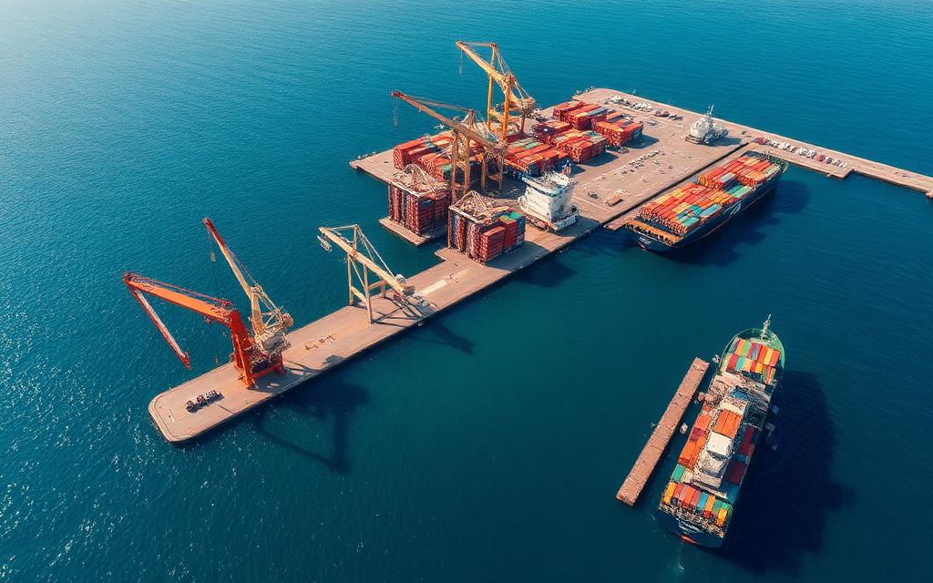 Veduta aerea di un porto commerciale mediterraneo con gru e navi portacontainer